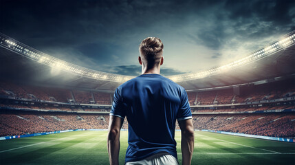 Fototapeta na wymiar Rear view of football player in blue tshirt at stadium