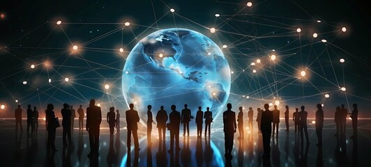Global Network Connections and Technology Concept, crowd of Business People with Earth Globe in the Background, Business concept, Generations AI illustrations.