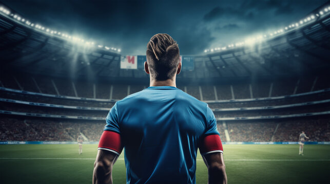 Rear view of football player in blue tshirt at stadium