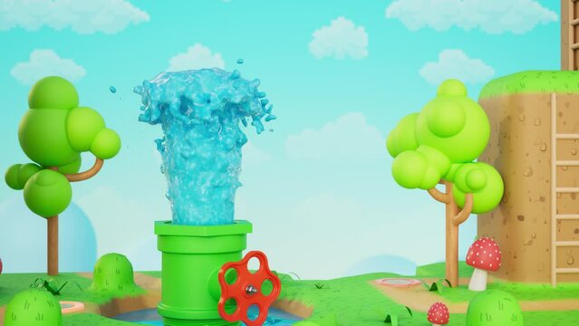 video game water pipe animation, water coming out of a pipe - 3D loop animation