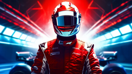 Young man in red racing suit and helmet on the race track.