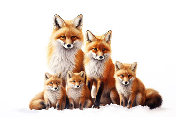Fototapeta premium Image of group of foxs on a white background. Wildlife Animals. Illustration, Generative AI.