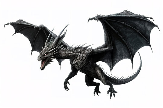 Image of the black dragon is flying on white background. Mythical creatures. Illustration, Generative AI.