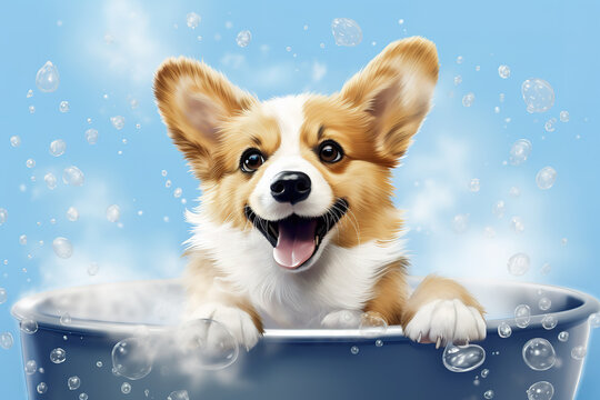 A funny picture of a welsh corgi puppy dog taking a bath with soap bubbles. Pet. Animal. Illustration, Generative AI