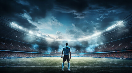 Soccer player on the field of stadium at night. - obrazy, fototapety, plakaty