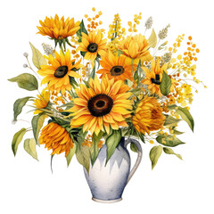 Watercolor bouquet of sunflowers in a vase. Colorful of Florals, Sunflower, Wild Flowers bouquet in mason jar. Clipart Transparent Background.