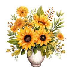 Watercolor bouquet of sunflowers in a vase. Colorful of Florals, Sunflower, Wild Flowers bouquet in mason jar. Clipart Transparent Background.