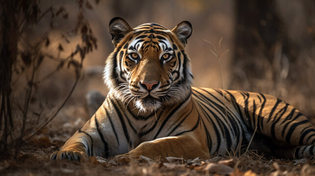Amazing tiger pose during the golden light time. Wildlife scene with danger animal. Hot summer dry