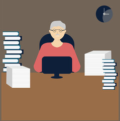 young man works hard at an office. Overload paperwork. flat vector illustration.