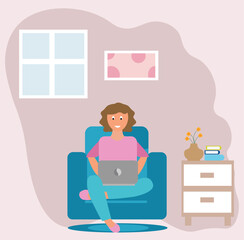 young woman working with laptop at home. work from home. flat vector illustration.