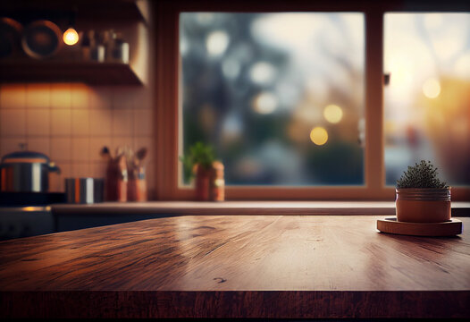Fototapeta Wooden texture table top on blurred kitchen window background. Generative AI