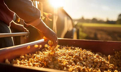 Fotobehang Harvester pouring freshly harvested corn maize seeds or soybeans into container trailer near, closeup detail, afternoon sunshine © Debi Kurnia Putra