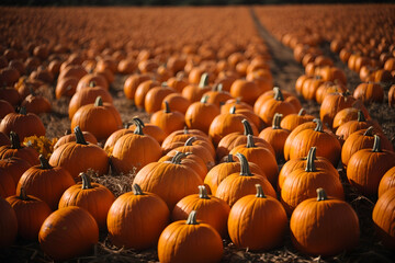 views of rows of Orange pumpkins in a field , Growing pumpkins in a farmer's field. 