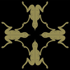 Fototapeta premium Square rhombus shape animal ornament with four stylized funny frogs or toads. Russian medieval design. On black background.