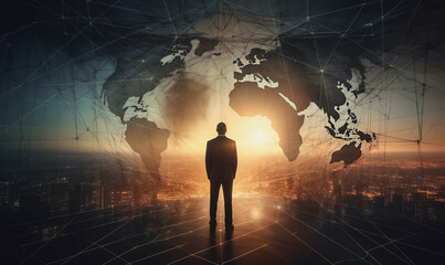 Dawn of Vision double exposure of Businessman Amid Sunrise Overlay with Global Map and Network Worldwide Business Network concept  - obrazy, fototapety, plakaty