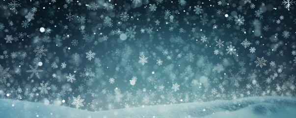 Christmas background with snowflakes in winter landscape with snow, lights blurred background, AI generate