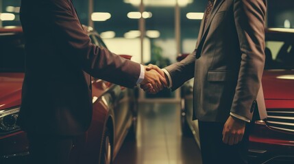 Car dealer shaking hands with customer in car shop 
