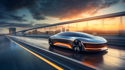 Fototapeta na wymiar self - driving electric car gliding down a futuristic highway, showcased in a wide banner format