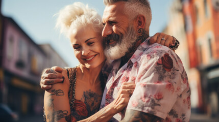 Fototapeta premium Adult beautiful loving couple, woman together with her beautiful Bearded man, Crazy guys, hipsters, Fun and creative, outdoor portrait, close up