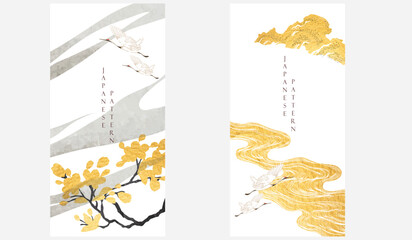 Crane birds vector. Japanese background with gold and black texture painting texture. Oriental natural wave pattern with ocean sea decoration card design in vintage style. Abstract art banner.