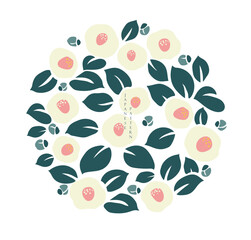 Camellia flower banner or floral icon and logo decorated with gorgeous multicolored blooming flowers and leaves border. Spring botanical flat vector illustration on white background in simple style