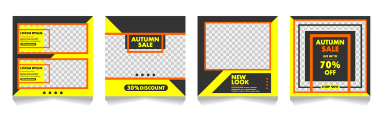 Set of editable creative templates for social media. Minimal square banner template. Social Media feed with grey, orange, yellow. Discount promo. Vector illustration with photo collage.