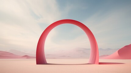 Amidst the desert landscape, a striking red arch emerges, embodying the essence of colorful surrealism. This vibrant creation injects a burst of energy into the arid surroundings - obrazy, fototapety, plakaty