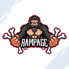 Illustration of Muscular Gorilla Screaming with Angry Face and Clutching Four Bones