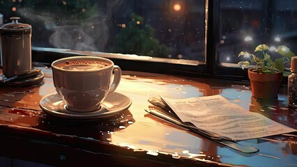 Close up shot of a hot coffee cup with steam coming out. Cup of hot coffee on the table at sunset in the rain. Anime art style. Loop animation - Powered by Adobe