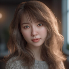 Naklejka premium [salon kei],a girl with soft light brown hair is photograph, in the style of realistic hyper-detailed photograph [background city weather fine],natural makeup,[hyper-realistic skin texture], light red