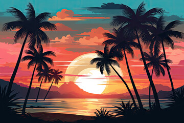 Tropical Sunset beach scene with palm trees. Vintage retro poster