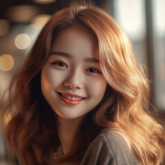 Fototapeta premium [salon kei],a girl with soft light brown hair is photograph, in the style of realistic hyper-detailed photograph [background city weather fine],natural makeup,[hyper-realistic skin texture], light red