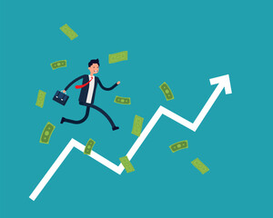 Business success & growth concept. Running and rising on a growing chart curve arrow surrounded by flying dollar banknote