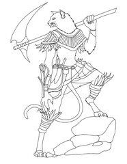 illustration of a person cat with a sword Black and white line art design of imaginary characters for t-shirt or coloring book or mug or shirt cloths as fantasy animals like tattoo 