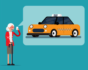 Senior using mobile device taxi service  access application. Transport service mobile application.
