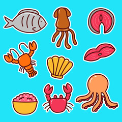 Set of seafood vector illustrations in colorful doodle style on blue background