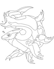 illustration of a fish sea monster Black and white line art design of imaginary characters for t-shirt or coloring book or mug or shirt cloths as fantasy animals like tattoo 