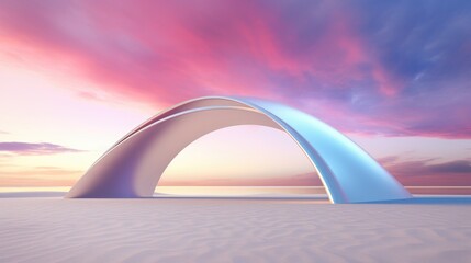 Amidst the sandy terrain, a glistening silver arch rises, accompanied by the formation of clouds above.The interplay of the arch's metallic sheen and the ethereal clouds creates a captivating contrast