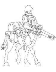 knight on horse Black and white line art design of imaginary characters for t-shirt or coloring book or mug or shirt cloths as fantasy animals like tattoo 