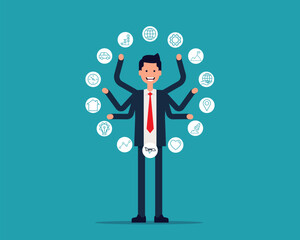 Multitasking manager. Effective management concept. Vector illustration in cartoon style