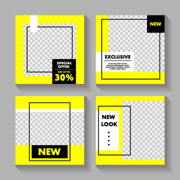 Minimal yellow template banner design for social media. Set of Editable minimal square banner template. Template for sale and discount promo. Social Media Feed. 