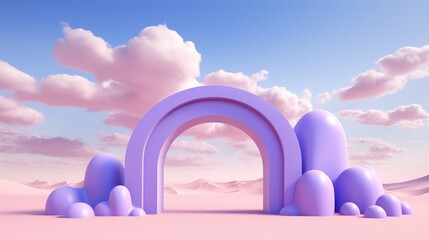 Amidst the desert's expanse, a majestic violet arch rises, embodying the essence of a vibrant artistic style. The presence of clouds adds a touch of ethereal beauty - obrazy, fototapety, plakaty