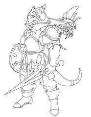 black and cartoon illustration of a knight dead wolf Black and white line art design of imaginary characters for t-shirt or coloring book or mug or shirt cloths as fantasy animals like tattoo 