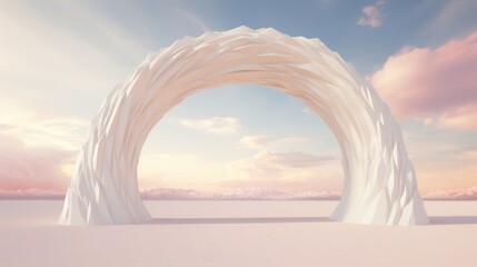 Against the backdrop of the desert, a pristine white arch stands tall, embodying the essence of...