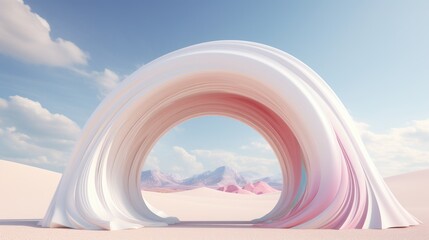 Against the backdrop of the desert, a pristine white arch stands tall, embodying the essence of colorful surrealism. This artistic creation introduces a stunning contrast