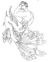 person with a sword mermaids  Black and white line art design of imaginary characters for t-shirt or coloring book or mug or shirt cloths as fantasy animals like tattoo 