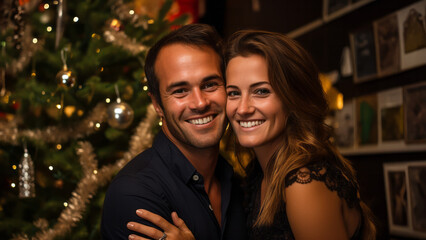 happy young couple smiling by a Christmas tree