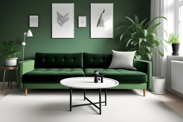 Stylish scandinavian living room interior with green velvet sofa, coffee table, carpet, plants, furniture, elegant accessories in modern home decor.