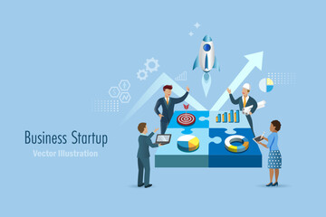 New business startup. Rocket launching successful from connected jigsaw puzzles with businessman team and growth graph.  Vector Illustration.