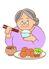認知症予防　健康的な食事をとる高齢女性のイラスト